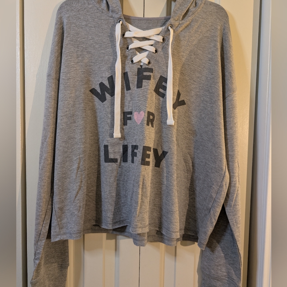 Cherish Gray Lace-Up Hoodie with Wifey Print NWT Size Xl